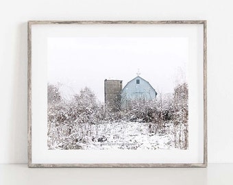 Rustic Blue Barn in Snow Photography Print, Farmhouse Winter Wall Art