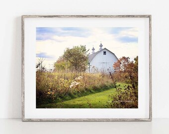 White Barn Landscape Photo: Rustic Farmhouse Wall Decor