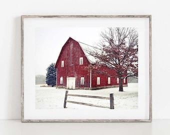Red Barn In Snow Print, Barn Landscape Photo, Farmhouse Wall Decor, Modern Country Home Wall Art, Winter Snow Photography Rustic Wall Decor
