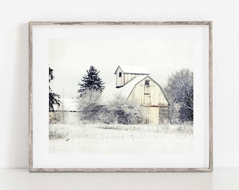 White Barn Photograph, Farmhouse Wall Decor, Winter Barn Photo, White Barn Landscape Photograph, White Barn in Snow Print, White Barn Print