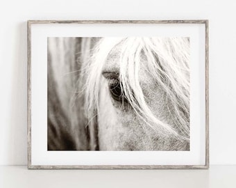 Black and White Horse Photography Print – Close Up Horse Eye Wall Art, Rustic Farmhouse Decor