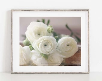 Flower Photography, Ranunculus Print, Spring Home Decor, Farmhouse Wall Decor, Botanical Art Print, White Flower Photo, French Country Decor