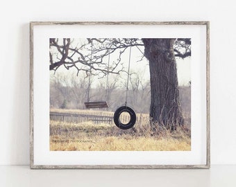 Tire Swing Photo, Country Swing Print, Country Landscape Photo, Tire Swing on Tree Photo, Country Life Photograph, Tree and Tire Swing Photo