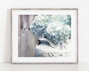 Blue Hydrangea Print, Hydrangea Photo, Farmhouse Wall Decor Cottagecore Wall Art
