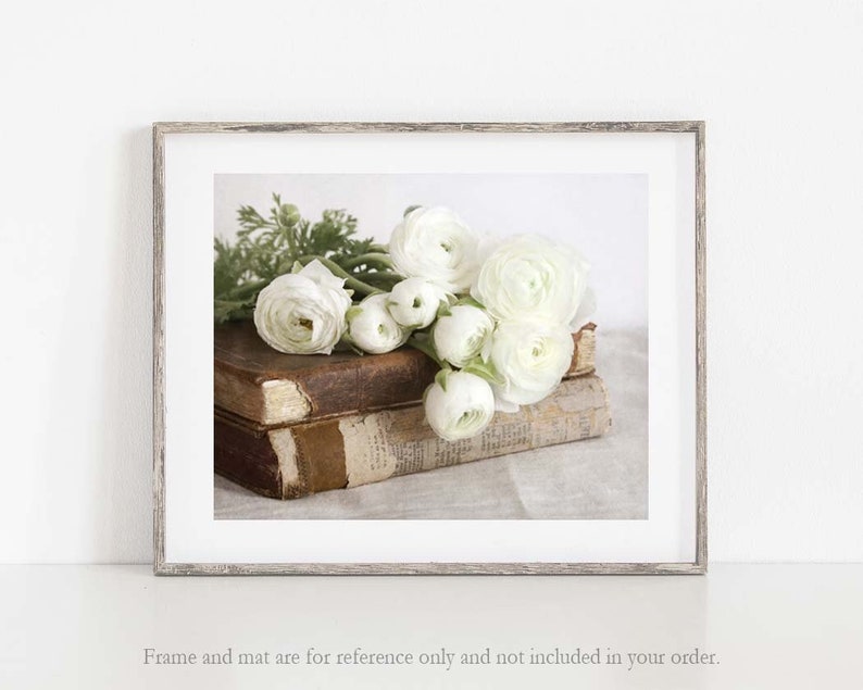 White Flower Print, Ranunculus Photo, Modern Farmhouse Decor, Flowers on Antique Books Print, Cottage Wall Art, Floral Canvas Art image 1