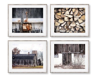 Rustic Farmhouse Wall Decor, Set of 4 Photos, Rustic Country Wall Decor, Wood Pile Photograph, Barn Photography, Livingroom Wall Decor