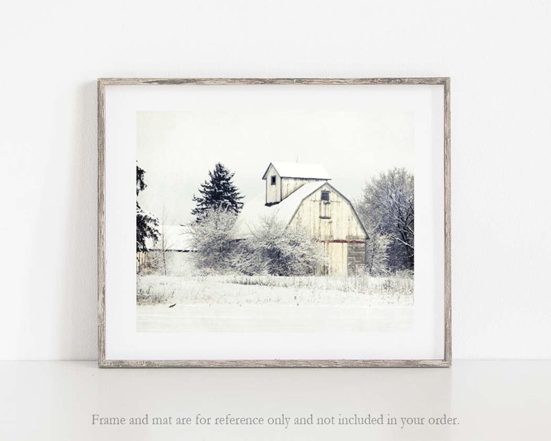 White Barn Photograph, Farmhouse Wall Decor, Winter Barn Photo, White Barn Landscape Photograph, White Barn in Snow Print, White Barn Print image 1