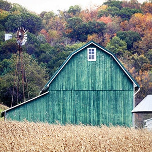 Green Barn Photo, Farmhouse Wall Decor, Teal Barn Photograph, Rural Landscape Print, Barn Canvas Art