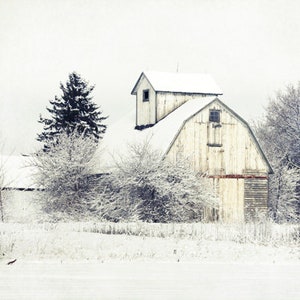 White Barn Photograph, Farmhouse Wall Decor, Winter Barn Photo, White Barn Landscape Photograph, White Barn in Snow Print, White Barn Print image 2