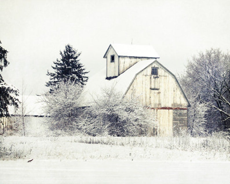 White Barn Photograph, Farmhouse Wall Decor, Winter Barn Photo, White Barn Landscape Photograph, White Barn in Snow Print, White Barn Print image 2