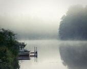 Sunrise on Lake Photograph boat dock on lake minimal later reflection mist on water northern Wisconsin 8x12 woodland rustic cabin