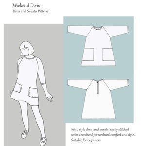Könnte beinhalten: Eine Schwarzweiß-Zeichnung eines Kleid- und Pullovermusters namens "Weekend Doris". Das Muster ist für ein Retro-Kleid und einen Pullover, der einfach zu nähen ist. Der Text "Lazy Seamstress" und "Copyright www.lazyseamstress.net Jeanette Archer 2015" ist ebenfalls im Bild enthalten.