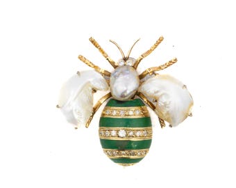 Antique Diamond, Green Enamel & Pearl Scarab Brooch