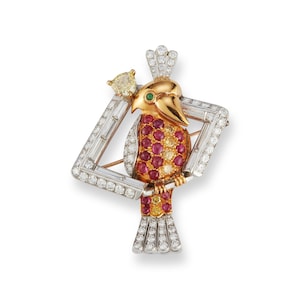 Vintage Bird Brooch with Rubies, Yellow Diamonds, and Emerald in 18K Gold and Platinum
