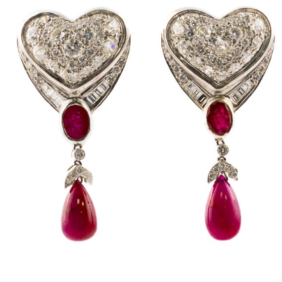 18K White Gold Diamond and Ruby Heart Pave Drop E… - image 1