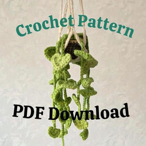 Può includere: Una pianta sospesa all'uncinetto con foglie verdi e un vaso marrone. La pianta è sospesa da cordoncini bianchi. Le parole "Crochet Pattern" e "PDF Download" sono scritte sull'immagine.