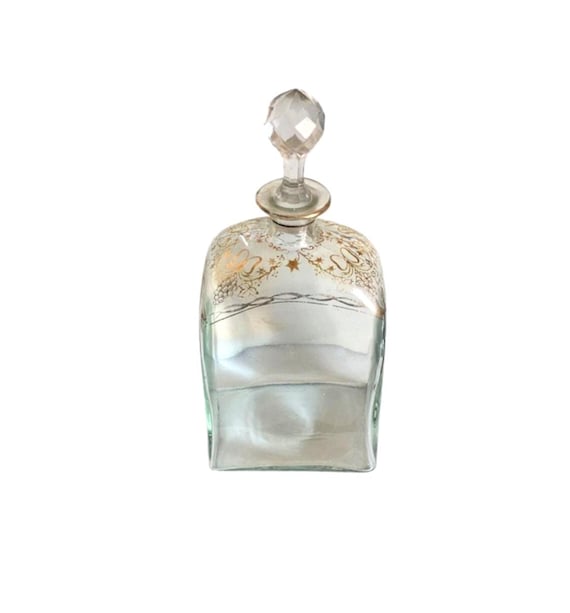 Vintage Bohemian Gold Gilded Large Crystal Perfume Decanter Etched Stopper