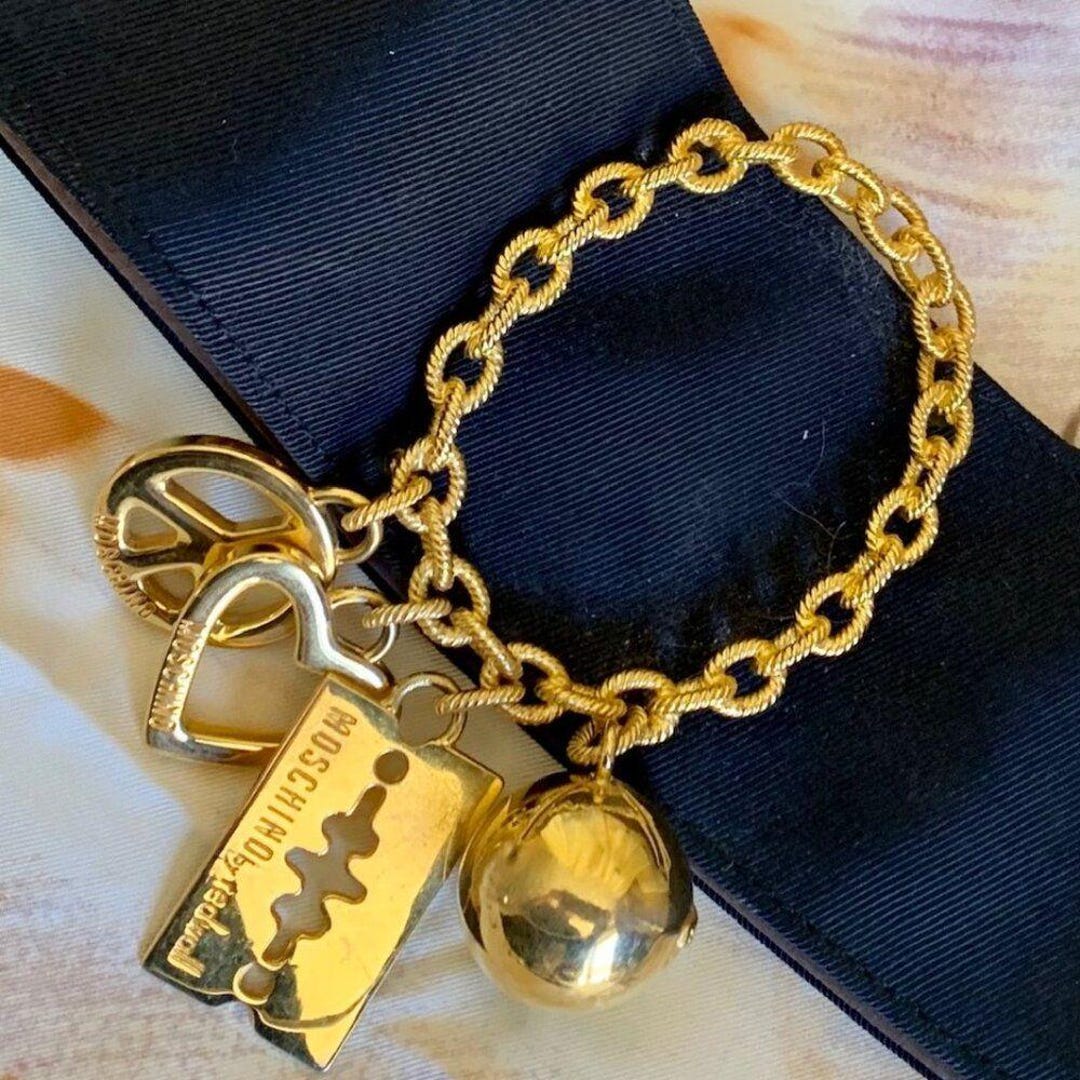 Vintage RARE Moschino Wide Belt with Gold Charms 1990s Vintage Iconic MOSCHINO Love Peace Smiley Cow Multi Charm  main image 3