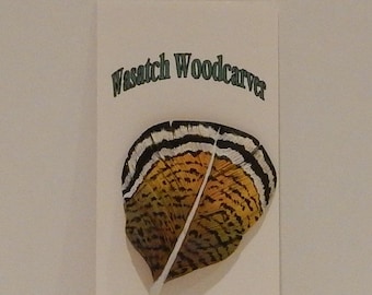 Wood Duck Feather Pin, Hand Carved Woodburned Tupelo Wood, Wasatch Woodcarver