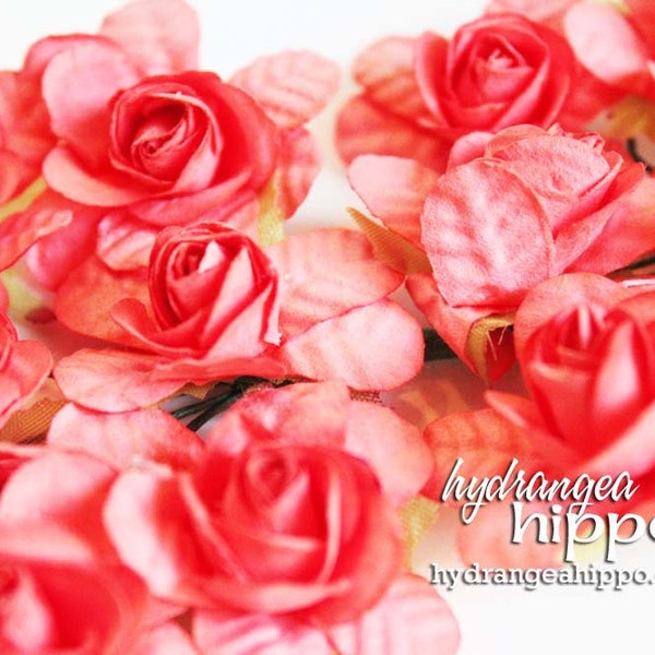 Coral Tango Large Roses - Set of 12 on Wire Stem