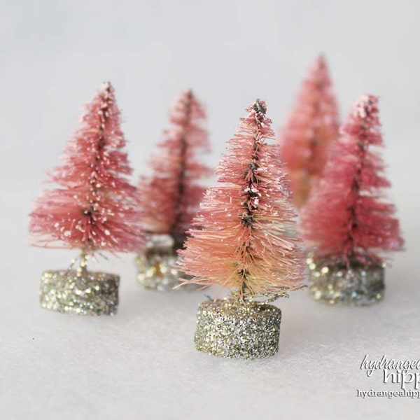 Set of 5 Handmade- Vintage Style -Bottle Brush- Christmas Trees in Sherbert Pink - No. 81