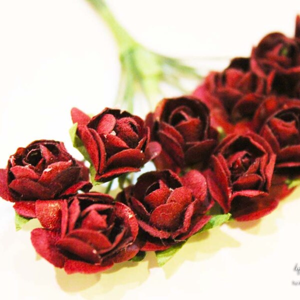 Rich BURGUNDY Red Mini Roses - 24 Pieces - 2 Sets of 12 on Wire Stem