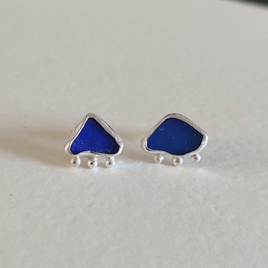Sterling Silver Stud Earrings, Blue Sea Glass, Small Handmade Ocean Jewelry, Minimalist Earrings, Delicate Beach Gift, 1 cm Length
