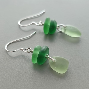 Green sea glass earrings, silver and glass earrings, genuine sea glass, beach dangle earrings, beach party earrings. upcycled earrings