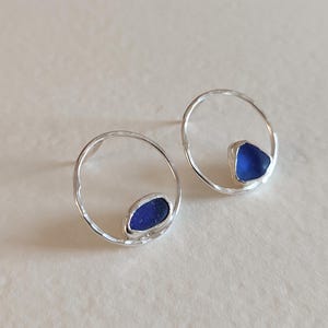 Sterling Silver Blue Sea Glass Stud Earrings, Small Handmade Ocean Jewelry, Minimalist Beach Gift, Lightweight Stud Earrings