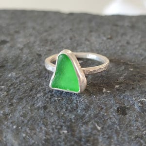 Sterling Silver Ring with Green Sea Glass Triangle, Handmade Ocean Jewelry, Unique Beach Gift, US Size 6.5