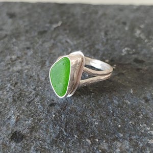Green sea glass ring, size 5 3/4 silver sterling glass ring, green sea glass, contemporary sea glass design, upcycled ring, bezel ring