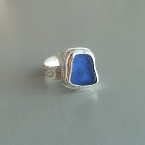 Blue sea glass ring, size 7.5 silver sterling glass ring, navy blue sea glass, contemporary sea glass design, adjustable ring for any finger