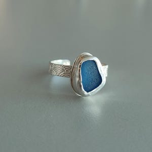 Sterling Silver Adjustable Ring, Navy Blue Sea Glass, Handmade Ocean Jewelry, Unique Beach Gift, Open Ring, US Size 7