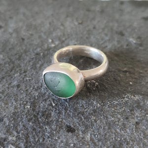 Sterling Silver Ring with Green Sea Glass, Statement Sea Glass Ring, Bold Ocean Jewelry, Handmade Beach Ring, US Size 7