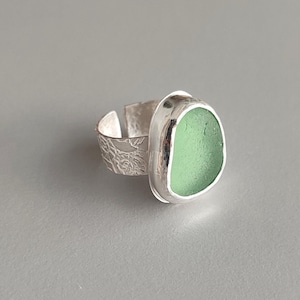Sterling Silver Adjustable Ring, Large Seafoam Sea Glass, Handmade Statement Ocean Jewelry, Unique Beach Gift, Open Ring