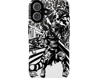 Könnte beinhalten: Schwarz-weißes Handycase mit einer Ninja-Krieger-Illustration. Das Design zeigt eine Kapuzenfigur mit Schwert vor einem Hintergrund aus Graffiti-Kunst und abstrakten Formen. Das Case hat eine glänzende Oberfläche.