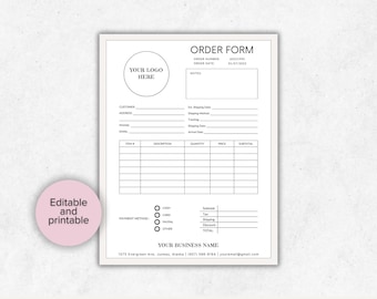 May include: A black and white order form template with a place for a logo, customer information, order details, and payment method. The form includes fields for order number, order date, notes, customer name, address, phone, email, item number, description, quantity, price, subtotal, tax, shipping, discount, and total.