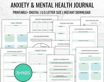 May include: A printable and digital anxiety and mental health journal with 70+ pages. The journal includes sections for goal tracking, anxiety management, thought patterns, life balance, therapy notes, achieving goals, anxiety affirmations, skin care routines, personal strengths, and understanding yourself. The pages are decorated with light blue and green watercolor accents.