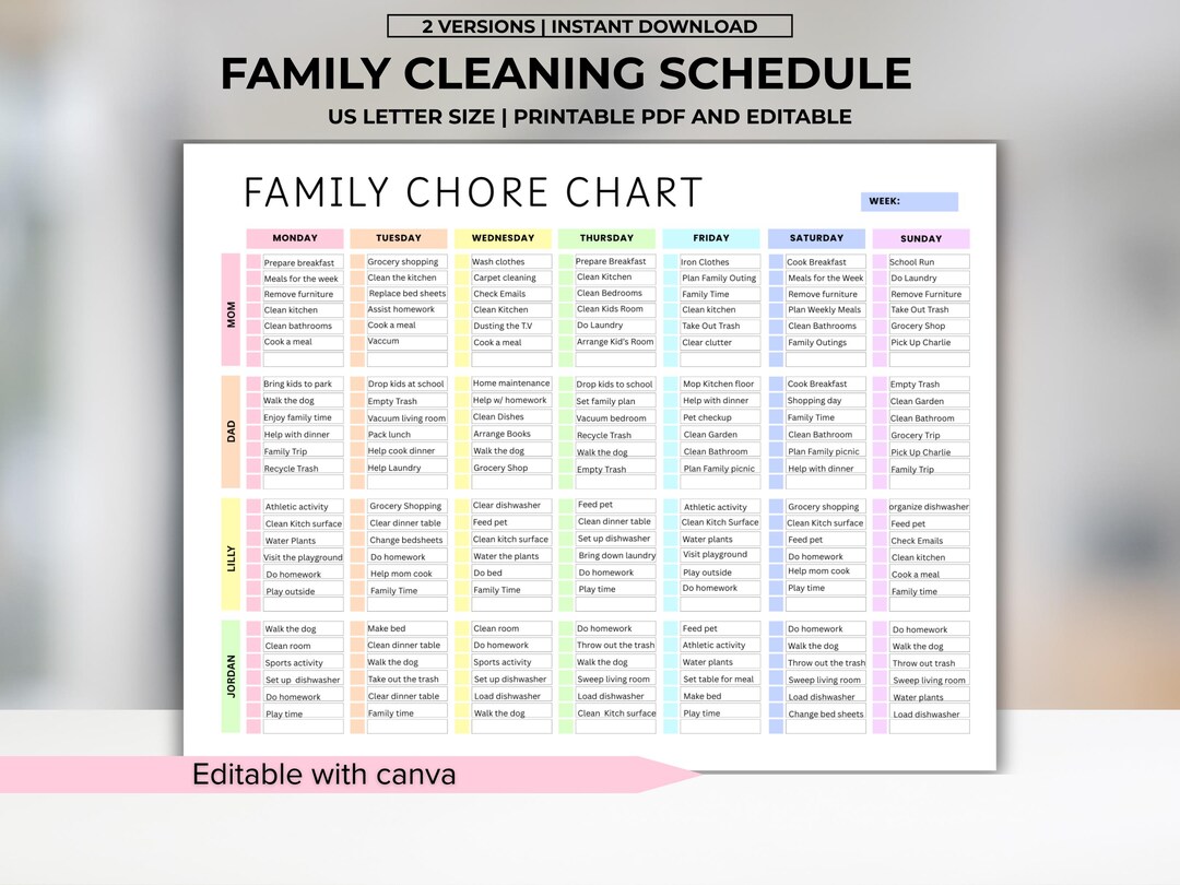 Editable Family Cleaning Schedule Checklist, Household Kids Chore Chart ...