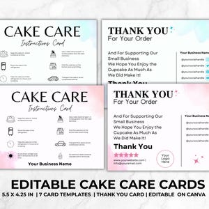 Cake Care Cards Bundle, Editable Cake Care Cards, Printable Cake Business Thank You, Cake Instructions Card Canva Template