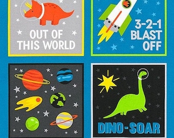 Stratosphere Dinosaur in Space Cotton Fabric Panel from Robert Kaufman