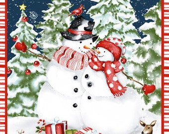 Bundle Up Winter Snowman 24 Inch Fabric Panel