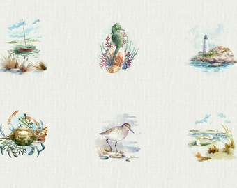 Giant Fabric Panel Shoreline Stories Natural Sea Collage Digital Fabric Panel 66" by 44"