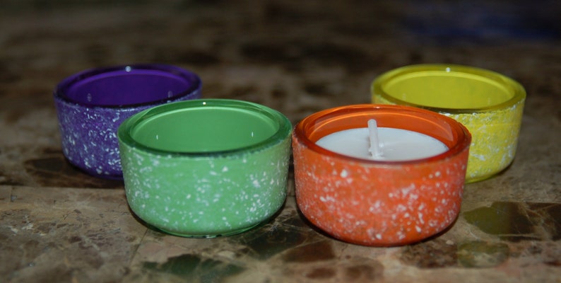 Hand Painted Set of 4 Marbled Glass Votive Candle Holder Orange, Yellow, Green, Purple image 3