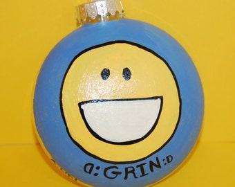 Facebook Emoticon GRIN Christmas Tree Ornament Hand Painted Glass
