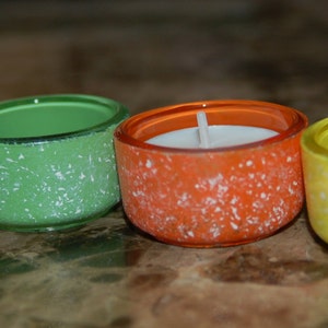 Hand Painted Set of 4 Marbled Glass Votive Candle Holder Orange, Yellow, Green, Purple image 2