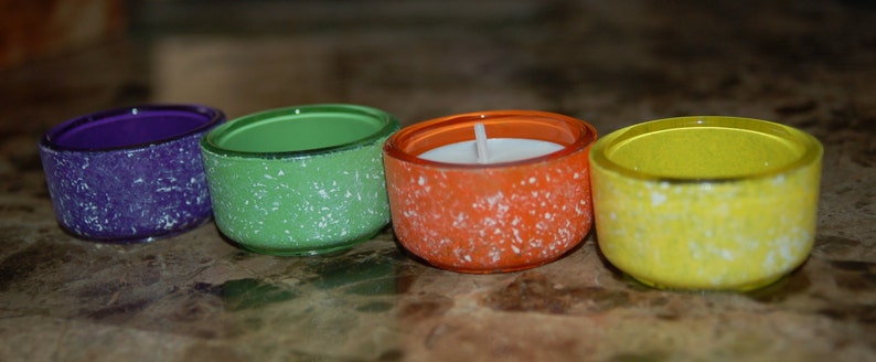 Hand Painted Set of 4 Marbled Glass Votive Candle Holder Orange, Yellow, Green, Purple image 2