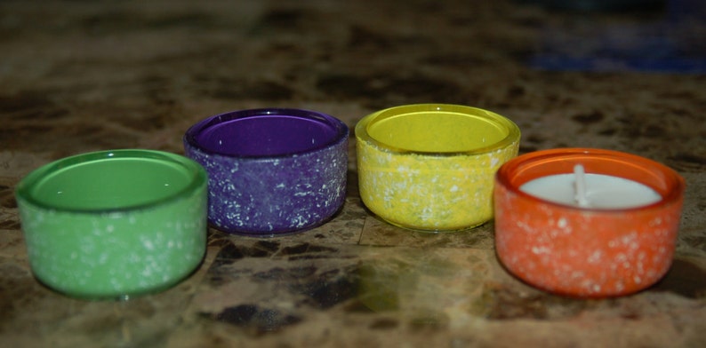 Hand Painted Set of 4 Marbled Glass Votive Candle Holder Orange, Yellow, Green, Purple image 1