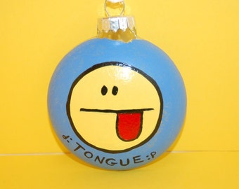 Facebook Emoticon TONGUE Christmas Tree Ornament Hand Painted Glass