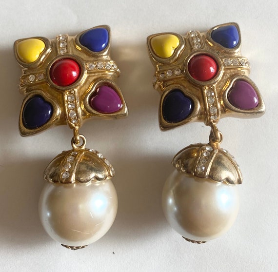 ESCADA Vintage Earrings Haute Couture Colorful Heart Cabochons 